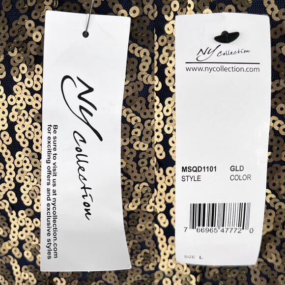 NY Collection Sequined Sheath LS Dress Large Gold Navy New - Picture 8 of 12